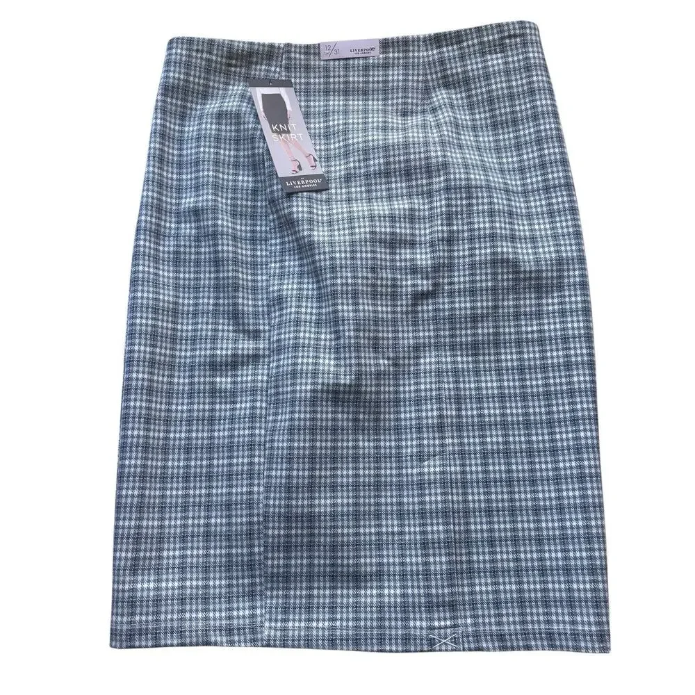 Liverpool Los Angeles Knit Pencil Knee Skirt NWT 12 Blue White Plaid Work Career